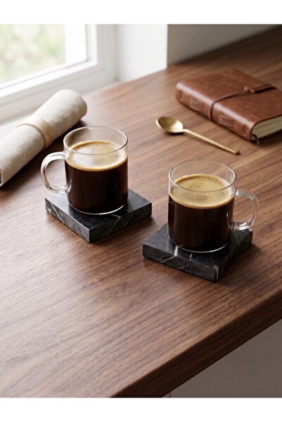 FARALYAHOME Premium Doğal Siyah Mermer Bardak Altlığı 2'li Set 10x10 cm - Lüks Kahve Sunum Ve Fincan Altlığı