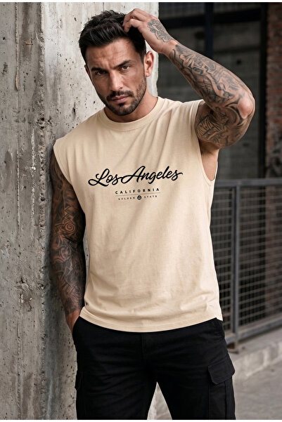 BUWOM Men's Golden Los Angeles Zero Sleeve Crew Neck T-Shirt