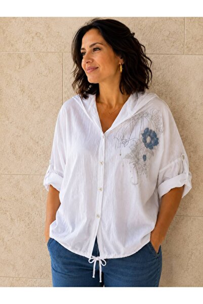AGORATEKSTİL Women's Hooded Sequined Cotton Shirt 44-48