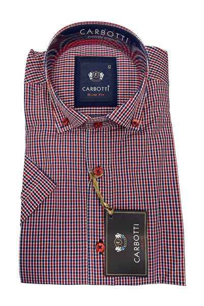 OEM Camasa barbati, rosu cu bleumarin cu patratele, cu maneca scurta, bumbac-...