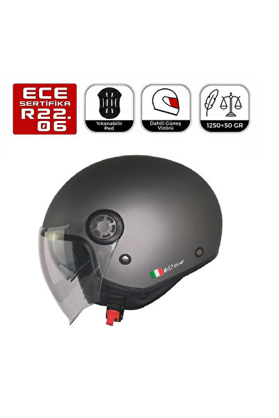 freem FR612 Mat Gri Motosiklet Kaskı Güneş Vizörlü Yarım Açık Motorcu Kask