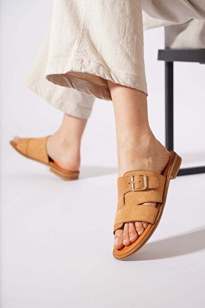 Moda Pie Kenlor Side Buckle Open Women's Genuine Leather Slippers Tan Suede
