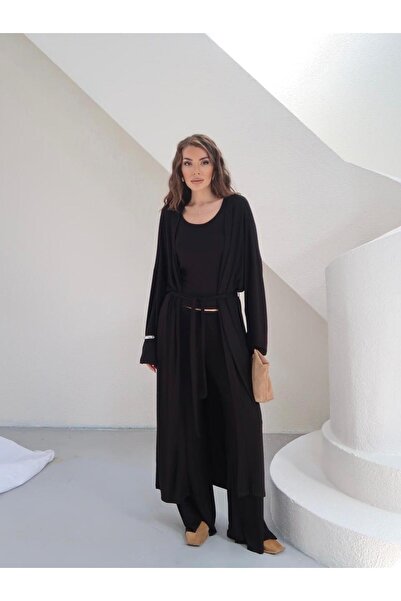 miyase life Belted Combined Long Kimono Set-Black