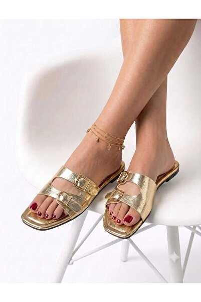 McDark Women's Thin Heeled Jurdan Sole Double Buckle Slippers-Gold