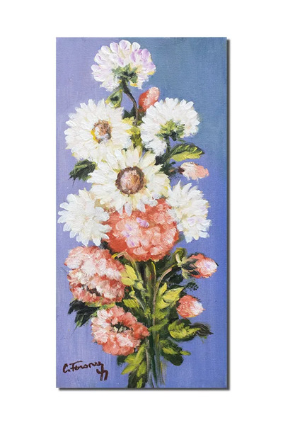 artnova Tablou pictat manual hol, dormitor, living, Crizanteme, 40x20cm ulei ...