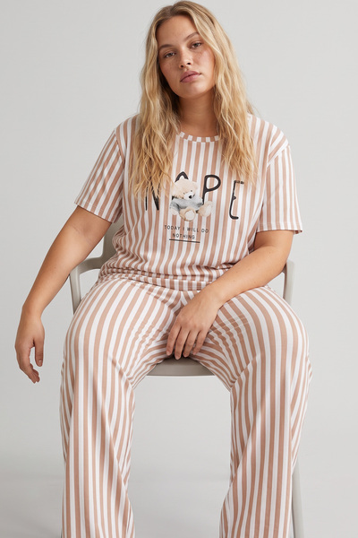 Siyah İnci Mink Stripe Patterned Curve Large Size Oversized Knitted Pajama Se...