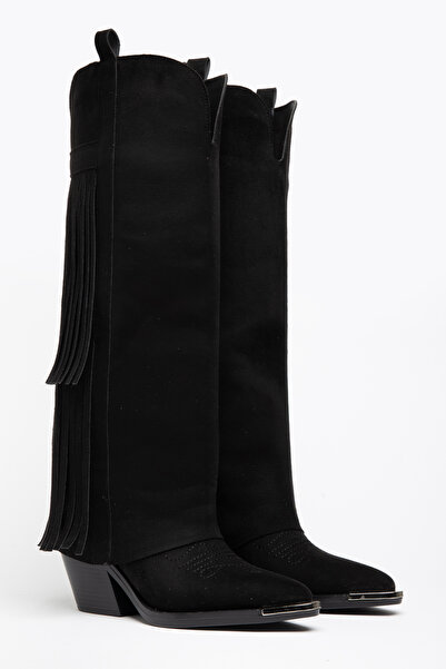 DENORA Black Matte Suede Tasseled Trousers Metal Toe Western Cowboy Knee-Leng...