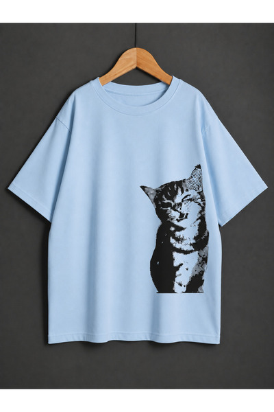 ZİYMO Women's Y2K Cat Printed Oversized T-Shirt