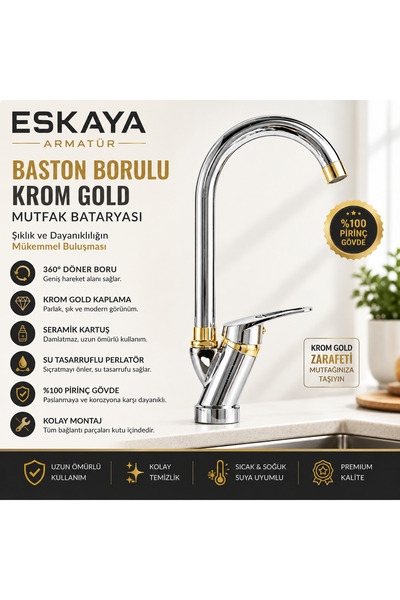 ESHOME Baston Borulu Krom Gold Mutfak Bataryası