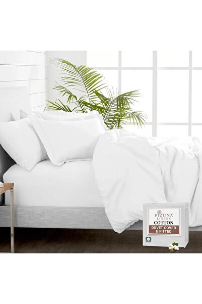 PIZUNA Pure 100% Cotton Double Duvet Cover Set with Fitted Double Bed Sheet W...