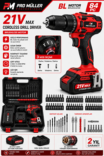 Pro Müller 21V Pro Seri Kömürsüz Çift Akülü Metal Şanzıman Led Işıklı Taşıma ...
