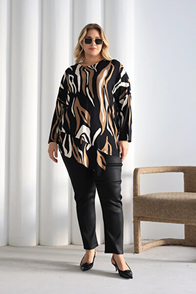 Asimetrik Kesim Desenli Oversize Bluz Büyük Beden ZPLUS XXL