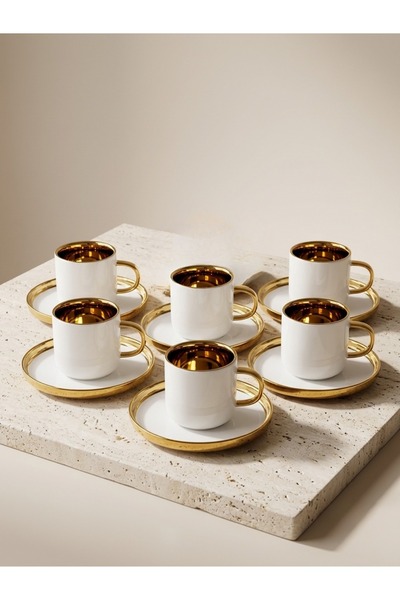 AiroBazar Premium White Gold Mirrored 6-Piece Porcelain Coffee Cup Set - Luxu...