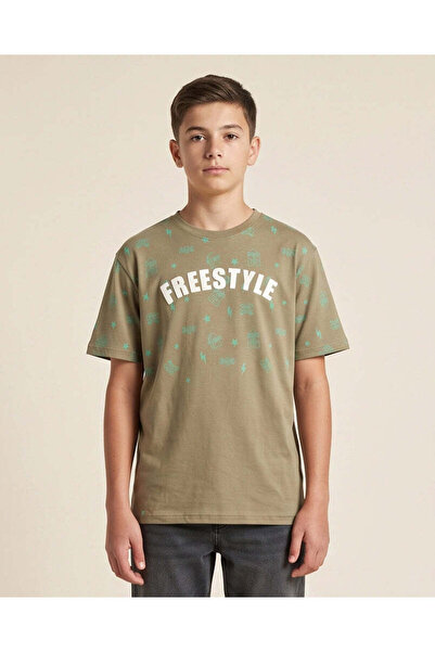 REDTAG Senior Boy Olive Graphic T Shirt