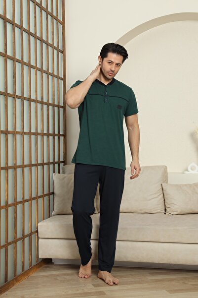 MODAREYA Short Sleeve Anthracite Color Buttoned Collar Embroidered Men's Paja...