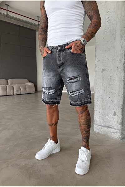 MADZEYMODA Pantaloni scurți din denim gri pentru bărbați, cu detalii rupte, K...