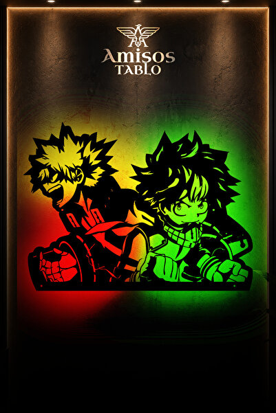 Midoriya & Bakugo Lazer Kesim LED Işıklı MDF Duvar Tablosu | Anime Duvar Dekoru
