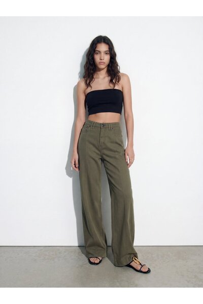 Ltb Tencel široke zelene pantalone