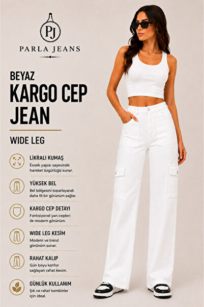 Parla Jeans بنطلون جينز نسائي أبيض بجيوب كارجو وخصر مرتفع مريح من الليكرا واس...