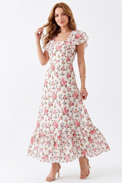 hadiora Moss Collar Vaolan Summer Midi Length Ecru Floral Dress