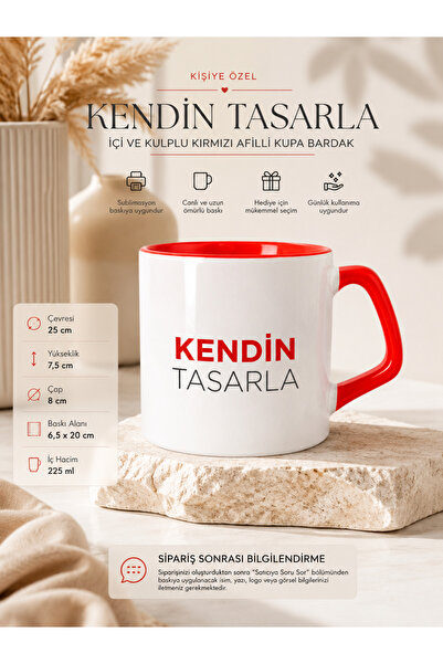 cekud tasarım baskı Kişiye Özel İçi ve Kulpu Kırmızı Afilli Kupa Bardak 225 m...
