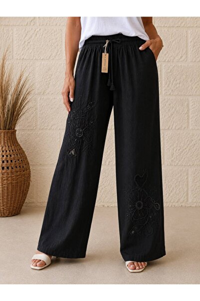 AGORATEKSTİL Women's Elastic Waist Cotton Linen Fabric Embossed Mesh Detailed...