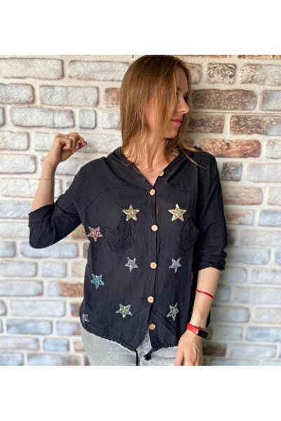 AGORATEKSTİL Women's Hooded Long Sleeve Cotton Shirt with Star and Mesh Pocke...