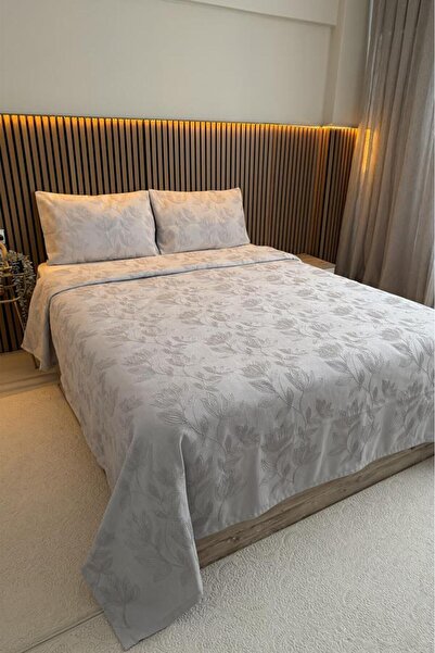 Çeyiz Diyarı Romeo Embroidered Chenille 3-Piece Double Bedspread Gray