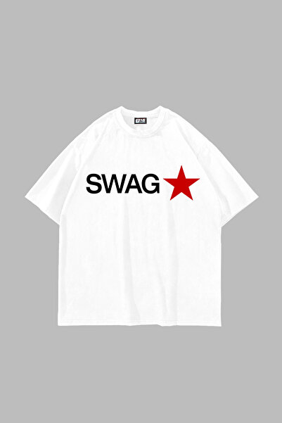 Sekizbiraltı تي شيرت أبيض كبير الحجم مطبوع عليه Swag Star