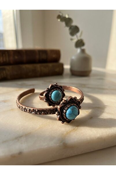 Meneva Aksesuar Turquoise Natural Stone Authentic Flower Motif Copper Body Ad...