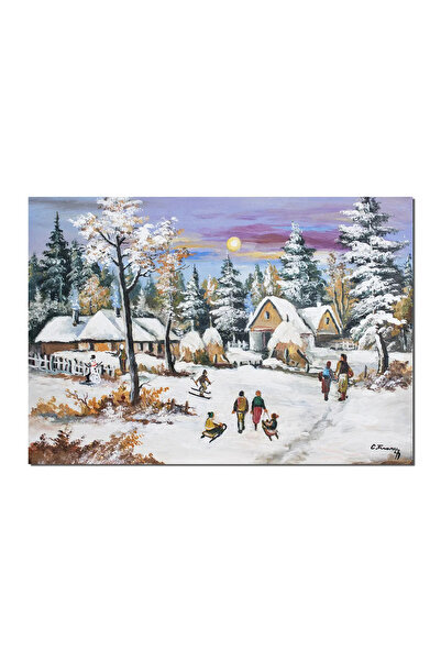 artnova Ръчно рисувана картина на зимен пейзаж, каране на шейна, 70x50 см, ма...