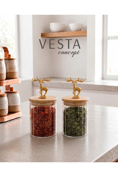 VESTA Concept Bamboo Leak-Proof Glass Spice Jar with Deer Lid, 2-Piece Storag...