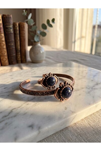 Meneva Aksesuar Navy Blue Star Stone Design Copper Bracelet and Ring Set