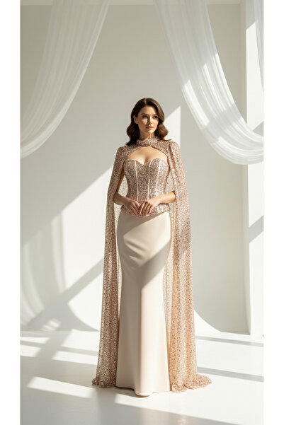 holie dress KADIN PAYET İŞLEMELİ PELERİN DETAYLI UZUN ABİYE ELBİSE