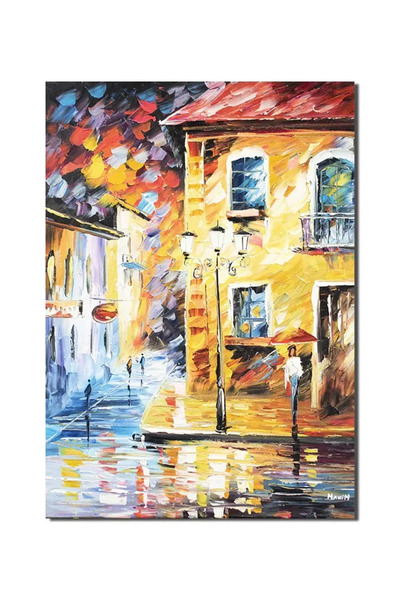 artnova Ръчно рисувана стилизирана картина на градски пейзаж, През стария цен...