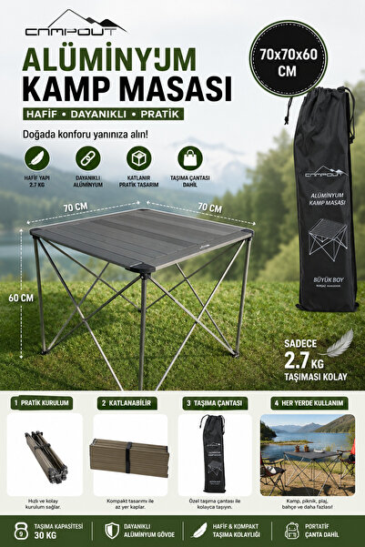 Rollino Kamp Masası Büyük Boy Alüminyum Taşıma Çantalı 70x70x60cm Kolay Kurulum