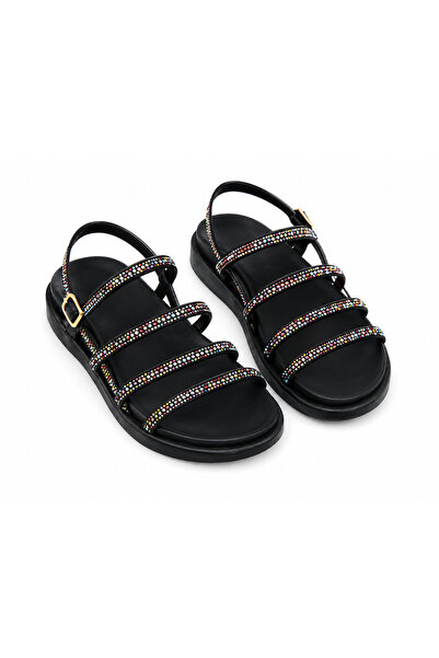 KOTAN Black Multi-Strap Colorful Stone Embellished Casual Sandals Comfortable...