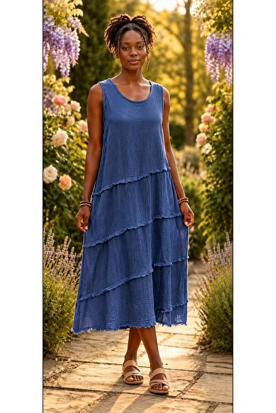 musimino moda %100 Pamuk Müslin Oversize Kolsuz Katlı Kadın Elbise – Bohem Ya...