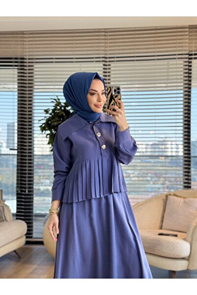 ALANURMODA 7457 طقم تنورة ذهبية مطوية بأزرار باللون النيلي