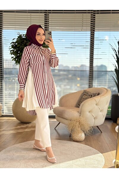 Beray 5500 Striped Long Shirt with Side Zippers and Pleats in Burgundy