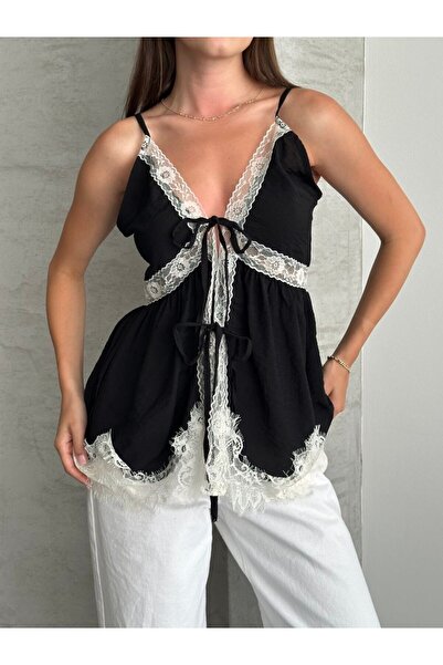 Lovely butik Bluză de damă cu bretele și detalii din dantelă, din țesătură su...