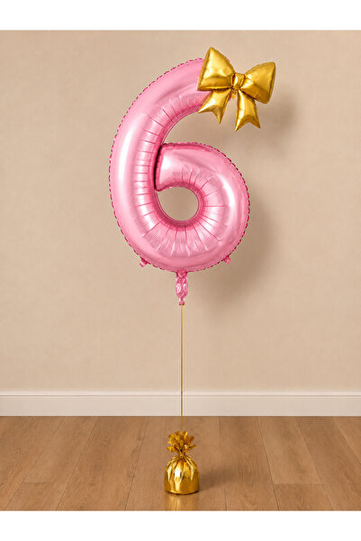 Balonsan -6- Age Pink Number Gold Bow Foil Balloon Set