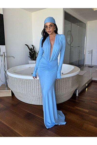 CC STORE Rochie NOIRA, bleu, maxi, cu decolteu adânc și croială mulată
