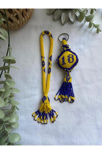 Handmade KUM BONCUK EL İŞİ SARI LACİVERT SALLAMA TESBİH VE ANAHTARLIK