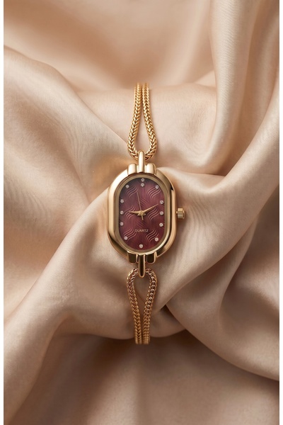 KLISHE Butik Women's Steel Watch Gold Color Burgundy Dial Old Money Vintage O...