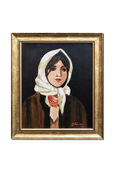 artnova Tablou celebu pictat manual inramat, Portret de tarancuta cu basma al...