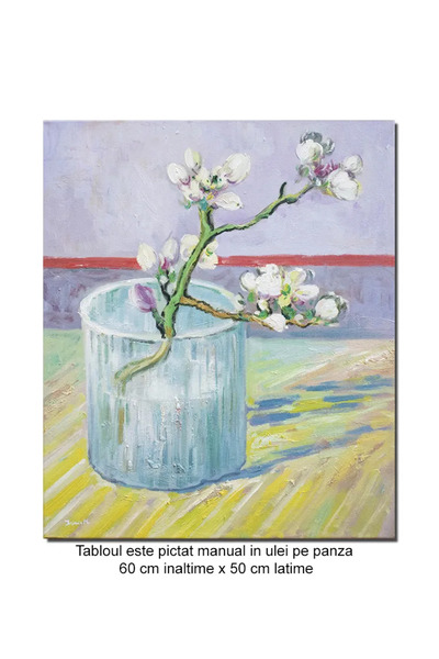 artnova Tablou pictat manual, Creanga de migdal inflorita in pahar, 60x50cm u...
