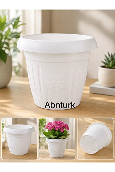 abnturk 1 Litre Tabaklı Beyaz Saksı Yükseklik 12cm Çap 12 cm Dekoratif İç ve ...