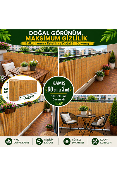 POLYBOTUM Premium Doğal Kamış Hasır Balkon Çiti 60x300 cm | Sık Dokuma | Daya...