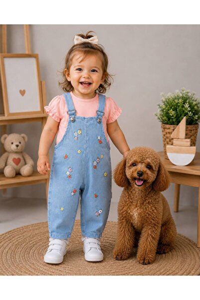 P&H BABYWEAR Floral Embroidered T-Shirt and Denim Salopet 2-Piece Baby Girl Set